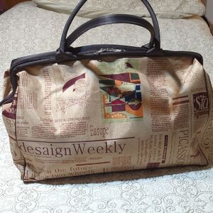Tan and Black Travel Bag with Vintage Newspaper Print